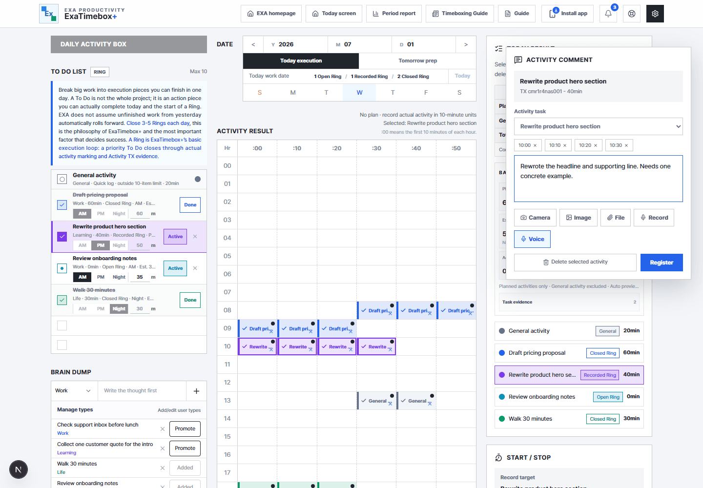 ExaTimebox+ web Activity TX comment and attachments
