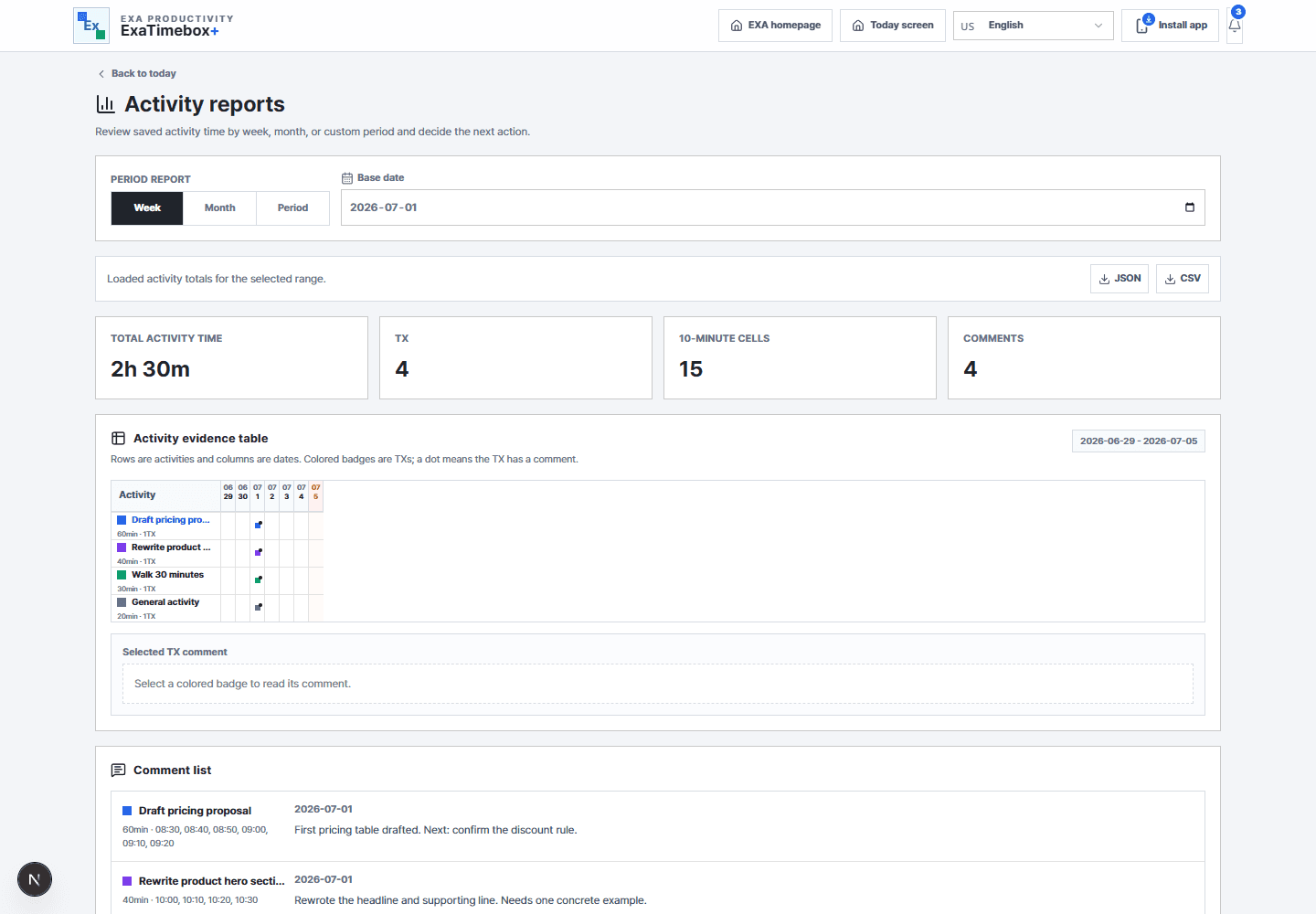 ExaTimebox+ web period report