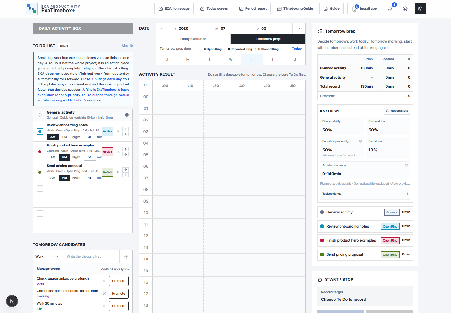 ExaTimebox+ web Tomorrow Prep screen