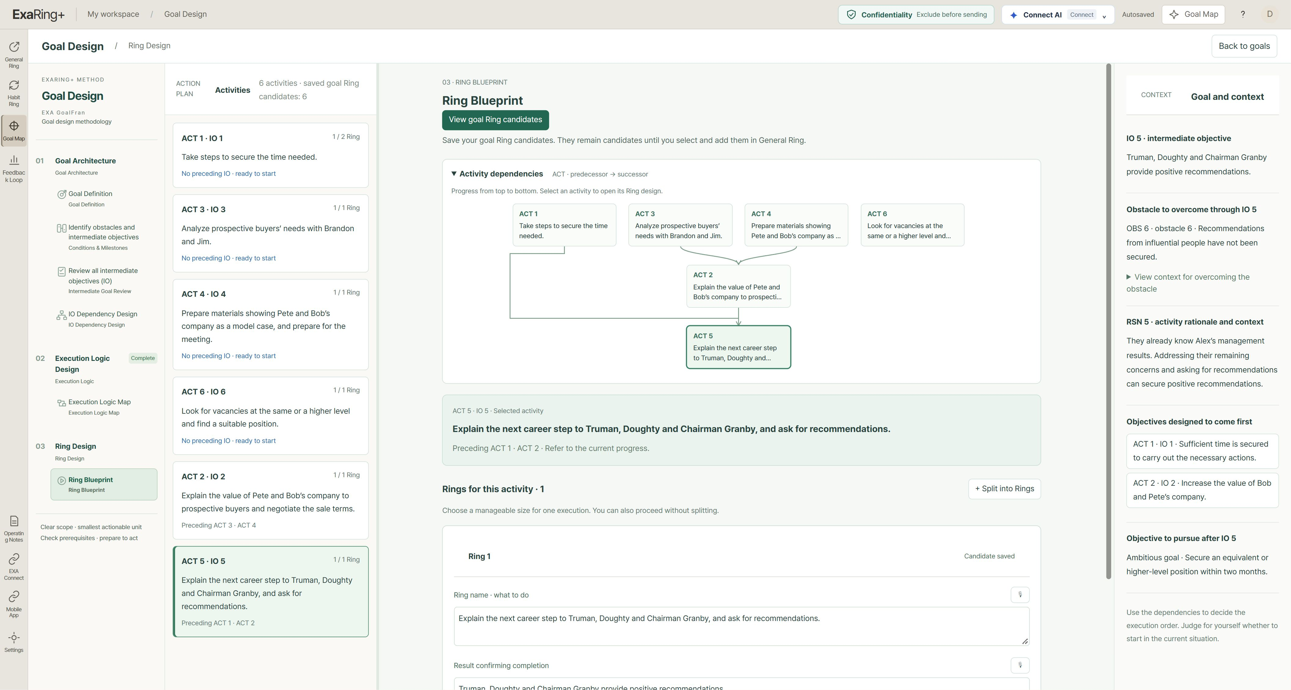 The EXA GoalFran Ring Blueprint in ExaRing+. It preserves the context and dependencies among activities while turning the selected activity into an executable Ring.
